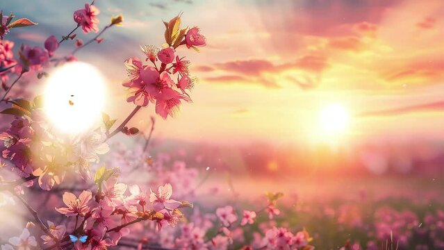 pink cherry tree blossom flowers blooming in spring. beautiful sunset moment with pink flowers blooming. seamless looping overlay 4k virtual video animation background