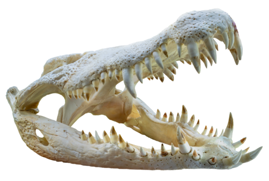 Crocodile skull with sharp fangs isolated on white background, Crocodile or Alligator skull isolated on white background PNG File.
