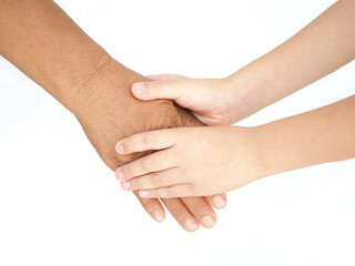 Grandmother and child little boy holding hand together with love.