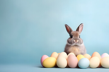 Obraz premium Small brown bunny with pastel colored easter eggs on side of blue background with copy space