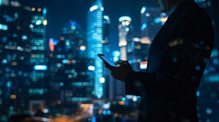 Businessman using digital pad in office with night city skyline background - modern business technology concept