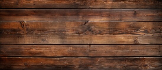 Naklejka premium A close-up view of an old wooden wall with a brown stain covering its surface. The natural grain of the wood is visible, adding texture to the overall appearance.