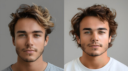 Young man before and after hair loss treatment on grey background