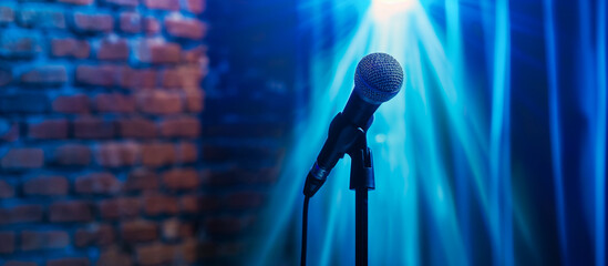 stage with blue curtain and brick wall. theater or stand up comedy background