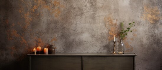 A wooden table is placed against a wall adorned with decorative texture and putty. On the table, several candles are neatly arranged, providing a warm and inviting ambiance to the space.