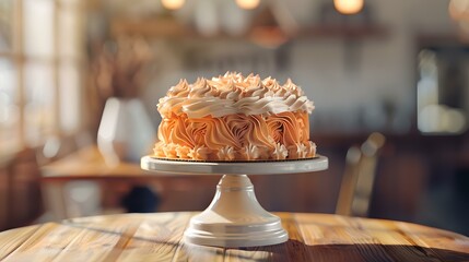 Mouthwatering layer cake on a stand, perfect for celebrations, home bakery style. delicious dessert in a cozy cafe setting. AI