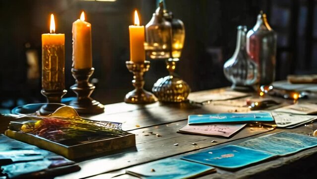 Astrologist old desk with divination and hermetic ritual objects. Occult, esoteric, metaphysics concept.