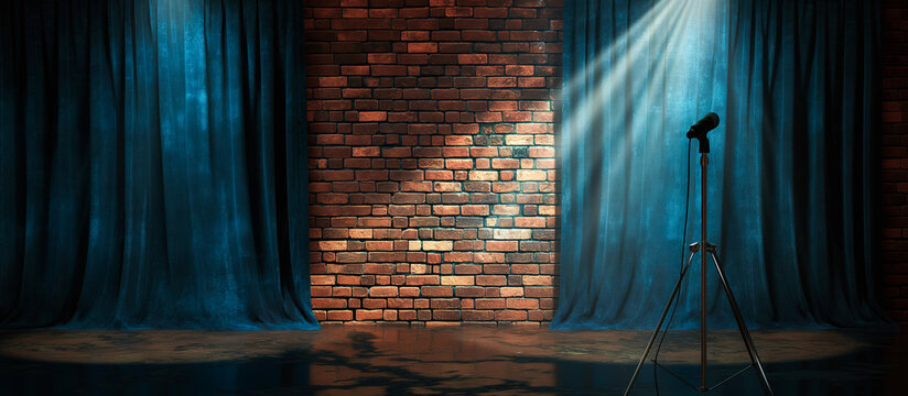 stage with blue curtain and brick wall. theater or stand up comedy background