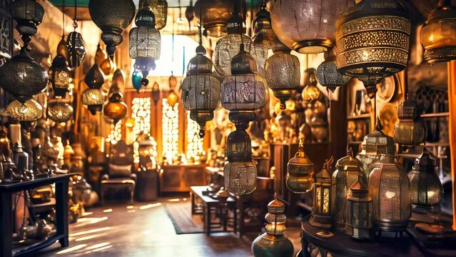 Metal filigree lanterns in a middle east bazaar. Oriental artwork and craft.