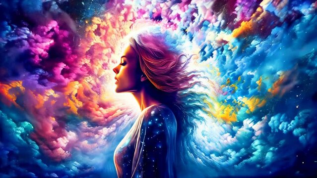 Creative fantasy portrait of a girl surrounded by flowers and clouds. Concept of dream, meditation, transcendent conscience and creative mind.