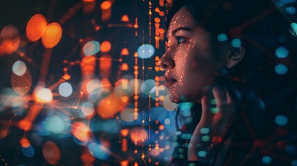 Future networking: woman engaged in blockchain communication with creepyoverlay on global platform, social media, email & internet. Night trading on stock market for world news, happy trader