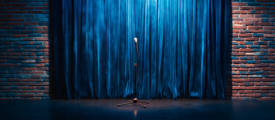 stage with blue curtain and brick wall. theater or stand up comedy background