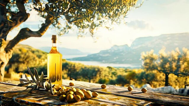 A bottle of olive oil and olives in a rural Mediterranean setup