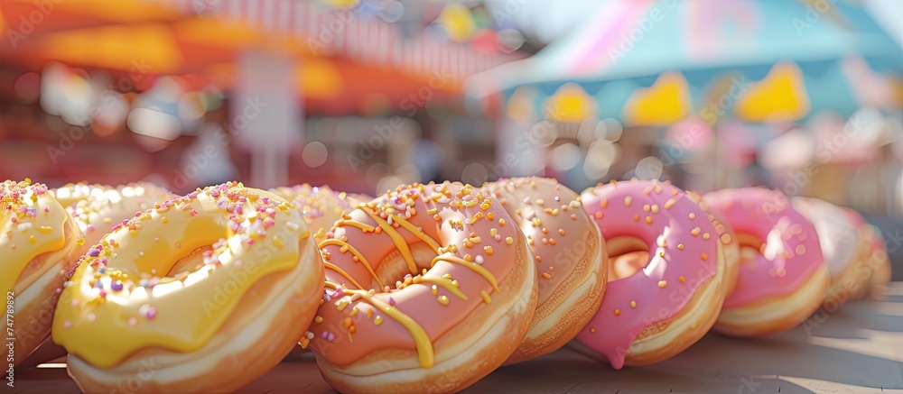 Poster a row of colorful doughnuts lined up neatly on a wooden table, with a shallow depth of field.