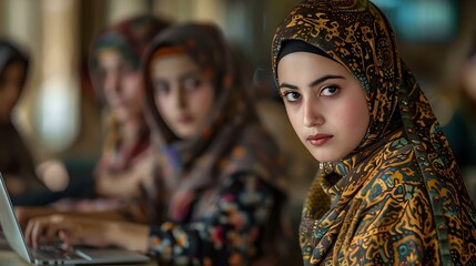 Focused young woman using computer in a group setting. cultural attire, modern technology. expressive, purposeful, authentic style . AI