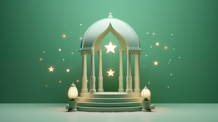 Green Ramadan kareem and eid fitr islamic concept background with lantern, podium and star illustration for wallpaper, poster, greeting card and flyer.