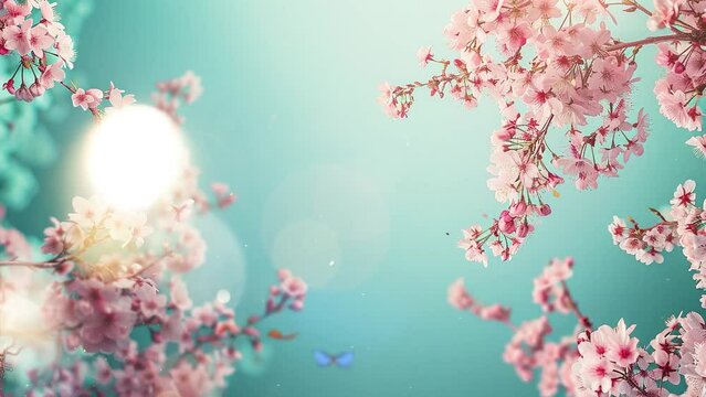 beautiful pink flowers blooming with blue sky background. pretty spring cherry blossom branches on turquoise. seamless looping overlay 4k virtual video animation background