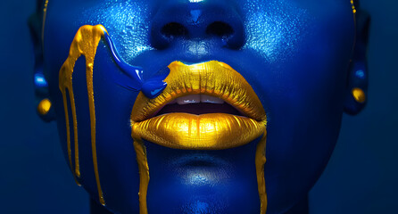Marketing image of a Girl face with blue and gold paint 