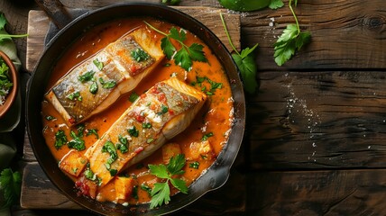 Succulent fish fillets simmered in a vibrant tomato sauce in a rustic kitchen setting for a homely meal