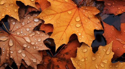 Close up of fallen leaves on ground in autumn covered in raindrops.