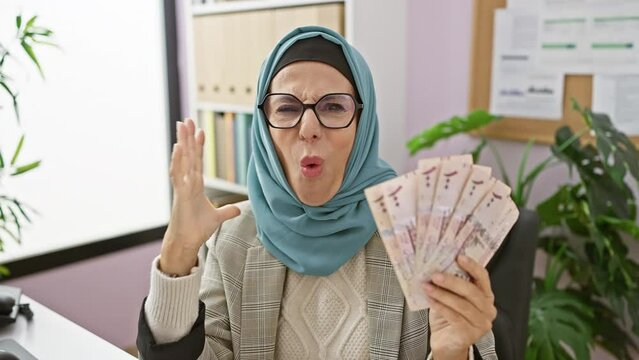 Scared and amazed, middle age hispanic woman in hijab with open mouth in disbelief, holding riyals at office, surprise etched on face.