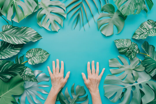 Elderly hands with tropical leaves on a blue background