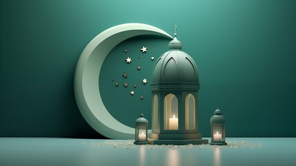 Green lantern and crescent moon, Ramadan kareem and eid fitr islamic concept background illustration for wallpaper, poster, greeting card and flyer.