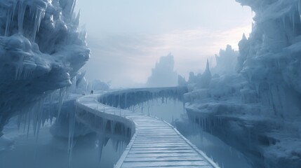 A network of  ice bridges spans a frozen river, creating a stunning and ethereal pathway through the winter wilderness.  