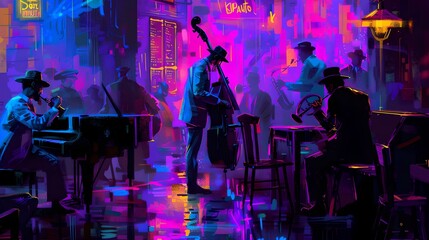 Jazz club scene illustration with musicians and audience. neon lights, vivid colors create a retro atmosphere. perfect for music themed projects. AI - obrazy, fototapety, plakaty