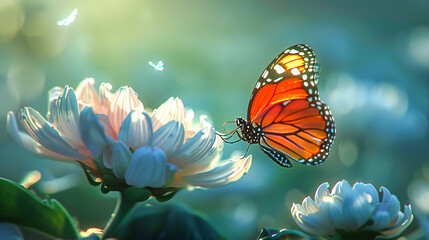 Colorful Butterflies in Summer Nature, Floral Garden and Green Leaves, Vibrant and Bright Insect...