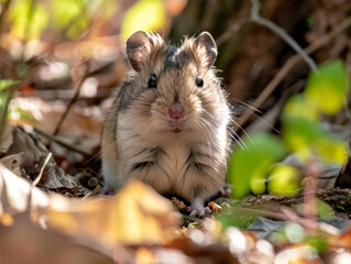 A small hamster among leaves on the forest floor with sunlight filtering through.