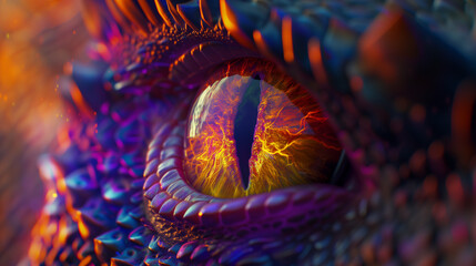 Close-up of Vibrant Dragon Eye. Detailed macro shot of a colorful dragon's eye, capturing the intricate textures and vivid colors.