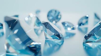 Brilliant blue diamonds scattered elegantly on a reflective surface. perfect for luxury design backgrounds. exclusive synthetic jewels. AI - obrazy, fototapety, plakaty