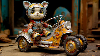 Cute cat retro toys in helmets sitting on old children's  scooters, Vintage-style 