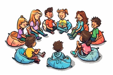 Cartoon cute doodles of kids sitting in a circle on sleeping bags, playing truth or dare, Generative AI