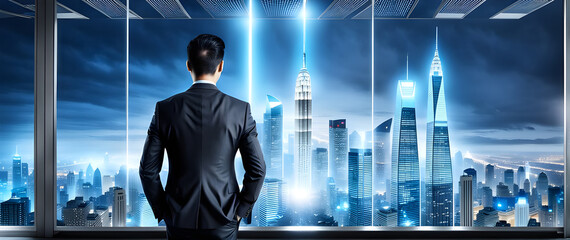 blur businessman formal suit double exposure with modern city building concept. people with technology and successful concept.