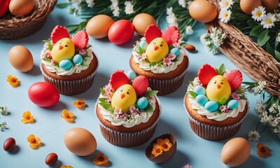 Celebrating Easter with cute cupcakes and chick-shaped eggs