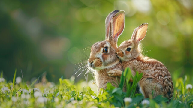 A hare and its young one share a quiet moment in a soft green meadow.