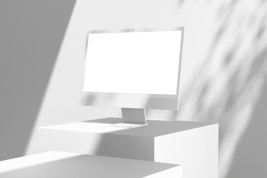 modern 24 inch digital screen display monitor desktop computer responsive device realistic mockup design template on minimal platform composition 3d rendering illustration