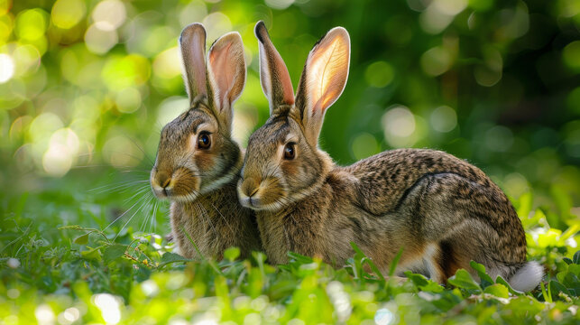 Two rabbits side by side in a green, leafy environment.