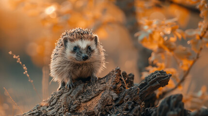 Wild hedgehog climbs dry tree.