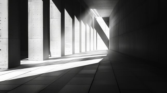 The minimalist urban architecture is highlighted through stark black and white contrasts. The interplay of light and structural form creates a compelling geometric composition