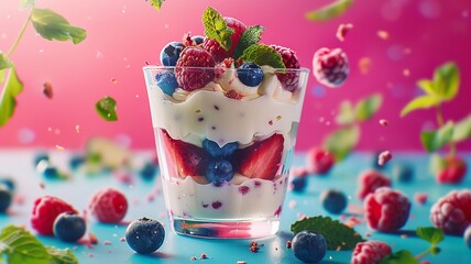 Berry parfait with fresh mint in a glass against a vibrant pink background
