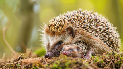 Fototapeta premium A mother hedgehog cuddles with her baby among autumn leaves.