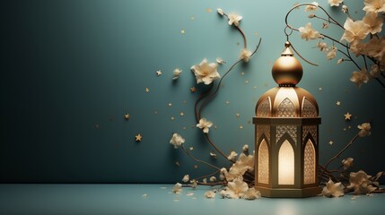 Gold lantern and flower, Ramadan kareem and eid fitr islamic concept background illustration for wallpaper, poster, greeting card and flyer.