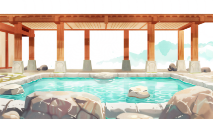 illustration of a traditional hot spring with stone columns, plain white background.