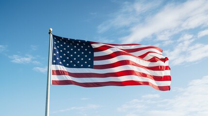 A panoramic view of the American flag waving against a clear blue sky, providing ample copy space.