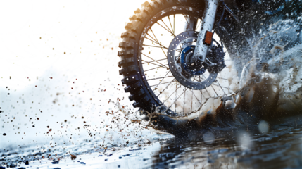 motorbike tires running over puddles of water, producing splashes, plain white background.