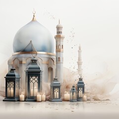 Mosque and lantern, Ramadan kareem and eid fitr islamic concept background illustration for wallpaper, poster, greeting card and flyer.