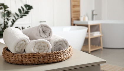 Wicker tray with clean towels on table in bathroom, space for text; interior design